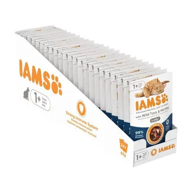 IAMS Delights Katzenfutter Nass mit Thunfisch & Hering in Gelee - Multipack für Erwachsene Katzen, 24 x 85g