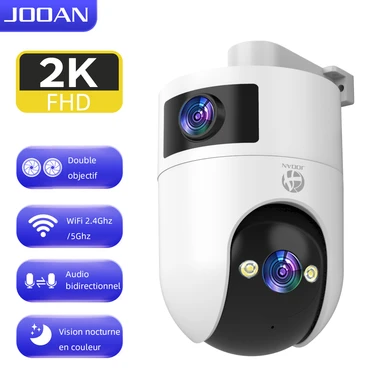JOOAN Caméra de sécurité à double objectif, double Wi‑Fi 5 GHz et 2,4 GHz, vision 360°, résistante à l’eau IP66, enregistrement 24h/24 et 7j/7 en couleur, même la nuit, suivi automatique, surveillance de la maison pour animaux, enfants et personnes âgées, stockage sur le cloud ou sur carte