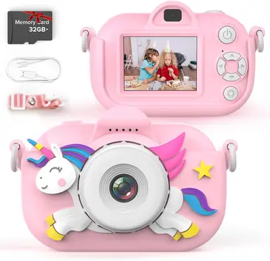 songdian Kids Camera with Cartoon-Printed Soft Case, Best Christmas/Birthday/Festival Gift for Kids, Pink
