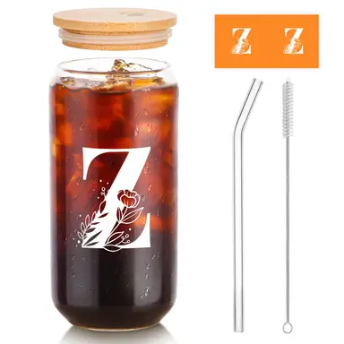 Alphynix 1pc Modern Glass Cup, 500ml Tall Iced Coffee Glass with Monogram "Z" Design, Bamboo Lid & Straw, Cold Drink Tumbler for Iced Tea, Juice, Boba