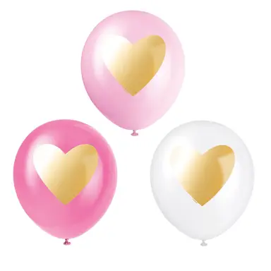 Unique Latex Pink & White Gold Heart Balloons, 30cm, 6 pack