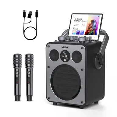 Mlove Rangers D5 Professionele karaoke-machine voor volwassenen met Bluetooth en 2 draadloze microfoons, draagbaar PA-systeem luidspreker, opnamefunctie, ruisonderdrukking, gitaarversterker, geschikt voor feestjes thuis en buitenevenementen, 200 W - Zwart