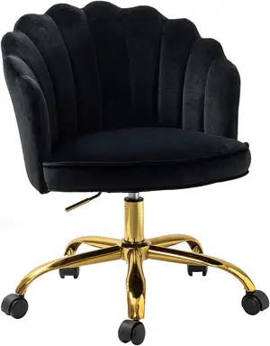 HULALA HOME office chair with gold frame, modern and upholstered desk chair, velvet dressing table chair, adjustable swivel chair, black