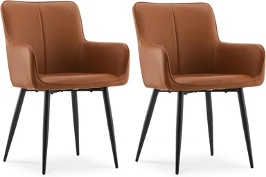 CLIPOP Set of 2 Faux Leather Dining Chairs with Arms and Metal Legs, Living Room Armchair with Upholstered Back for Counter Breakfast Dining Room Reception 0653 brown 58*69*86 cm