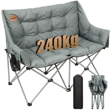 Chaise pliante double 240 kg, coussin de 6 cm d’épaisseur, canapé de camping pliant et portable avec sac de rangement, gris
