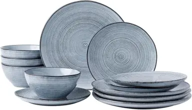 Richmount Tempus 12-teiliges Geschirrset, Unregelmäßig geformte Wirbelsteinzeug-Teller und Schalen Set, Geschirrsets für 4, Speiseteller/Dessertteller/Suppenschale, Glasiertes Keramikgeschirr, PearlBlue