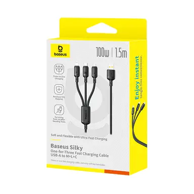 Baseus Silky One-for-Three Fast Charging Cable USB-A to M+L+C 100W 1.5m Cosmic Black