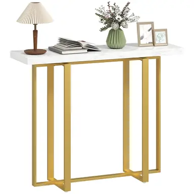 HOMCOM Console Table with Faux Marble Top, 100 cm Narrow Entryway Table with Anti-tipping Device, Steel Frame, Modern Slim Long Accent Sofa Side Hall Desk for Hallway, Living Room, White