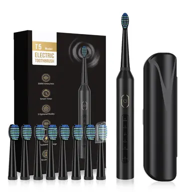 Sunluxy Sonic Electric Toothbrush – 5 Cleaning Modes, 40,000 VPM, 60-Day Battery Life, Rechargeable Travel Electric Toothbrush, Includes 8 Brush Heads, Smart Timer, T5 Black