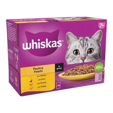 Whiskas 7+ Poultry Feasts Senior Wet Cat Food Pouches in Gravy 12 x 85g