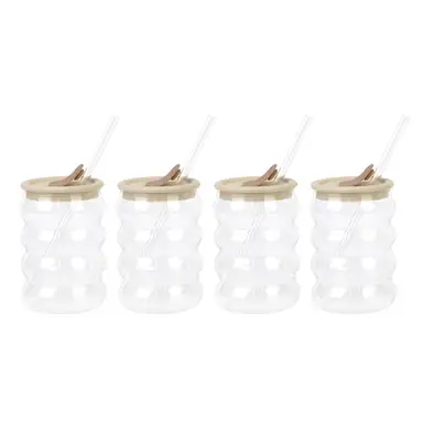 Wolkenförmiges Einzelwand-Trinkbecher-Set (4er-Set) mit wiederverwendbaren Glasstiehen und Silikonspitze/Deckel, aus hochwertigem Borosilikatglas