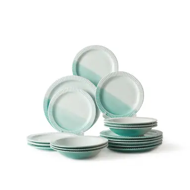 JIWOO Collins Geschirr-Set 18-teilig Grün Ombre，(6 Stück 8,5-Zoll-Suppenteller + 6 Stück 8,5-Zoll-Essteller + 6 Stück 10-Zoll-Essteller) ， Spülmaschinen- und mikrowellengeeignet