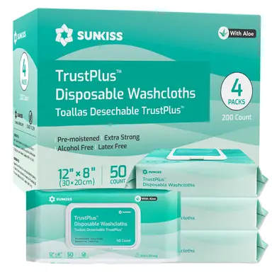 SUNKISS Trustplus Wet Wipes for Adult No Rinse, Extra Large 8”x12” Body Cleaning Washcloths for Elderly Incontinence & Cleansing, Unscented, 200 Count (4 Packs of 50)
