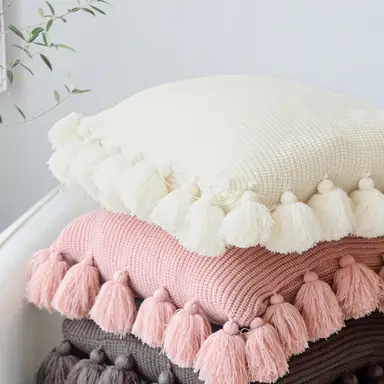 MEROPE, Acrylic Knit/Fringed Cushion Cover, 50x50cm, white, 1pack