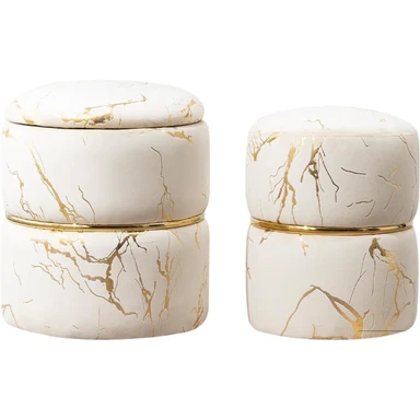 Ckaff Set of 2 Stools with Storage Space, Stool with Storage Space, Makeup Stool, Pouf Ottoman, Ottoman, Round Bouclé Velvet Fabric Footstool with Storage Space for Dressing Table, Bedroom, Living