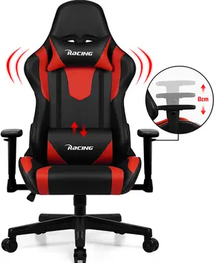 Homimaster Gamingstoel, Ergonomische Bureaustoel met Verstelbare Lendenkussens, Hoofdkussens en Armleuningen, Gestoffeerde Gamingstoel, Gamerstoel met Schommelfunctie, Gamingstoel met een Draagvermogen van 150 kg,Rood