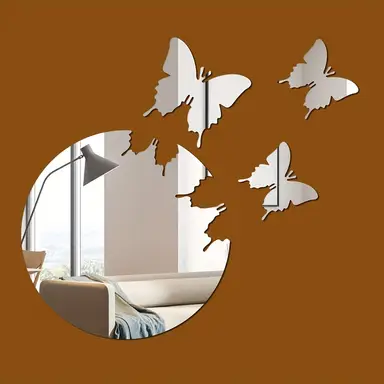 4pcs PVC mirror wall sticker with butterfly design, DIY removable butterfly sticker, suitable for living room and bedroom, 19*19 cm.silver