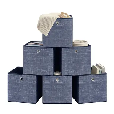 SONGMICSHOME  Cube Organisers, Foldable Fabric Storage Boxes with Handles, Set of 6, for Shelves, Clothes, Blue