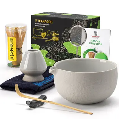TEANAGOO Matcha-Besen, 7-teiliges Matcha-Set Hellgrau, Matcha-Kit für Zeremonie, Matcha-Teeset für die Zubereitung von Frühstück/Latte, Matcha-Besen-Set und Schale mit allem Zubehör, Geschenk für Matcha-Liebhaber/Freunde/Familie, Neujahrsangebot, Top-Geschenkempfehlungen