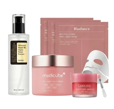 [42 % Rabatt Sommerangebot] Ultimatives K-Beauty Glass Skin Glow Set – Cosrx Essenz, medicube Creme, Biodance Gesichtsmaske & Laneige Lippenmaske