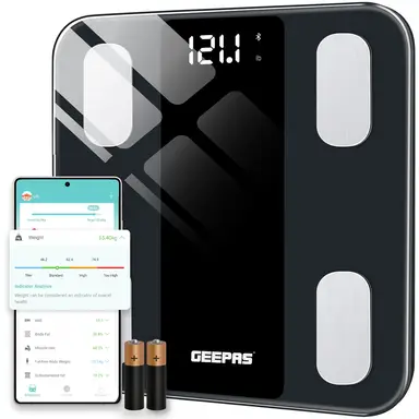 Geepas Smart Body Fat Weighing Scales with Bluetooth App Connectivity, LED Display, 14 Body Metrics including BMI, 180 kg Capacity, Black