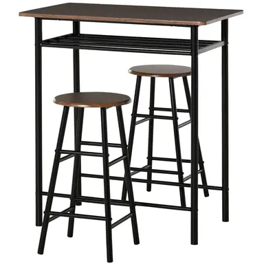 HOMCOM Bar Table & 2 Stools Set Compact Black/Walnut