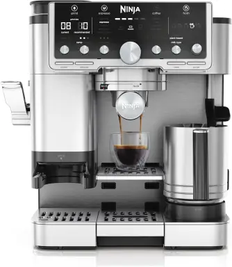 Ninja Luxe Pro 3-in-1 Kaffeemaschine mit Mahlwerk und Milchaufschäumer für Latte, Cappuccino, Cold Brew & Espresso, einfach zu bedienen, 5 Aufschäumprogramme, silber, ES701EU