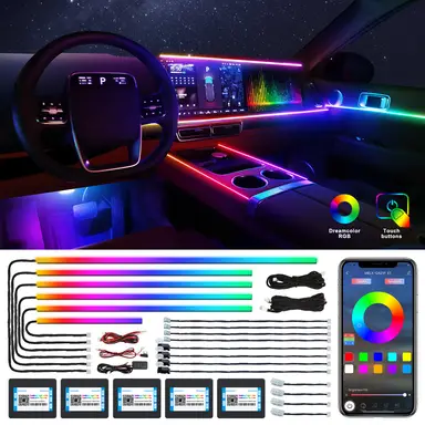 Dreamcolor Acryl-LED-Streifen für den Innenraum des Fahrzeugs, mit App-Steuerung per Bluetooth, 18-in-1 RGB, 175 Zoll, 600 LEDs, Faseroptik-Ambilight-Set mit Dual-Zone Sound-Active-Funktion