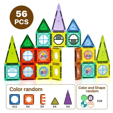 Tokky 56-Piece Magnetic Tiles Creative Color Building Set, Strong Magnetic Suction Structure, STEAM Educational Enlightenment, ABS Safe Material, Color Box Packaging J011