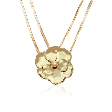 Double Chain and Flower Pendant 18K Gold Plated 65cm Necklace