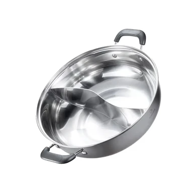 Marmite à Fondue Grande Capacité ochama×J.ZAO, 30cm Acier Inoxydable à Double Compartiment pour Cuisson sur Induction/Gaz/Plaque, avec Louche et Passoire (Couvercle Non Inclus)