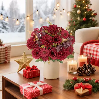 Yuejia 2Pcs 13in/33cmArtificial Flowers Like Real Artificial Bouquet Silk Artificial Roses Bouquet with Daisy Chrysanthemum Pink Flowers for Centerpiece Table Wedding Party Home Decor(red)