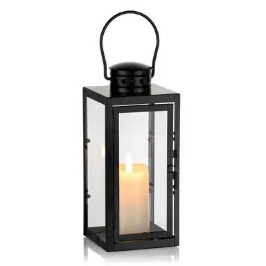 Black Lanterns Decorative Indoor: 9.5 inch Hanging Wedding Hurricane Lantern with Clear Glass Farmhouse Candle Holder for Living Room Front Porch Table Mantle Garden Wall Decorations