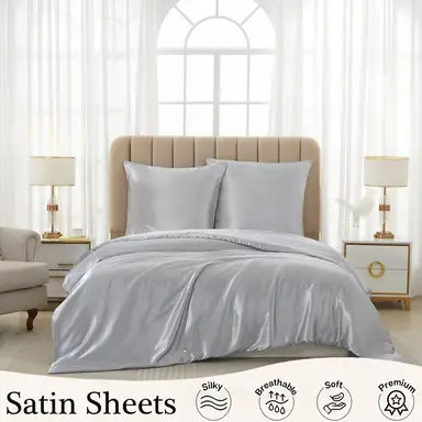 Meeallhome  Satin  Duvet Cover Set 230*220cm/50*75cm*2  Gray