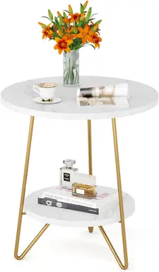 Tribesigns Faux Marmer Eindtafel, 2-laags Ronde Zijtafel met Planken, Moderne Gouden Bedsidekastje Nachtkastje Kleine Salontafel voor Woonkamer Slaapkamer, Wit en Goud