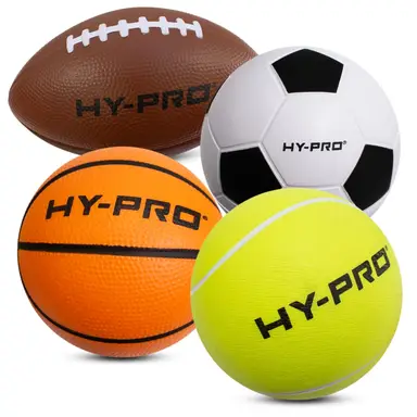 Hy-Pro Mini Sports Balls Foam Football, Tennis, Basketball, American Football 4pk