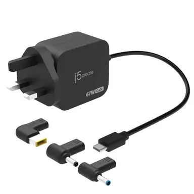 j5create JUP1565DCF3A 67W GaN PD USB-C® Mini Charger with 3 Types of DC Connector - UK, Black