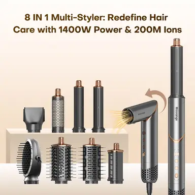 Uniorange M8 8-in-1 Multi-Styler Hair Dryer, 1400W Power & 200M Ions, 110K RPM High-Speed Motor, Dries 4X Faster, Complete Accessory Set Included