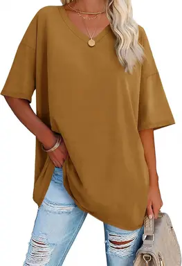 Women's Oversized Tshirts V Neck Tee Shirts Half Sleeve Loose Fit T Shirt Cotton Tunic Tops 2025 (khaki, L)