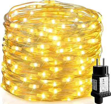 SALCAR Guirlande Lumineuse Noël à 10M 100 LED et à piles en fil de cuivre pour éclairage intérieur et extérieur, chambre, décoration de mariage, fête, décoration d'arbre (Blanc chaud)