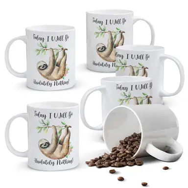 Alphynix 1pc 11oz White Mug with "Today I Will Do Absolutely Nothing" Quote & Hanging Sloth, Relaxation Humor Christmas or Thanksgiving Gift