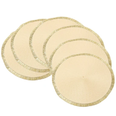 Set de 6 Sets de Table Ronds Tressés en Fil Brillant PP avec Pompon Beige et Doré 38cm – Faits Main, Idéal pour les Réceptions et Mariages