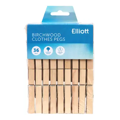 Elliott Hardwood Clothes Pegs with Metal Coil Spring for Firm Grip, Contoured to Prevent Leaving Marks on Clothing, This Pack Include 36 Pegs Ideal for Outdoor and Indoor Use