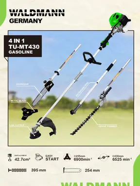 WALDMANN Multifunktionswerkzeuge 4-in-1, Modell TU-MT430, Motormodell 1E40F-5E, Hubraum 42,7 cm3, Motorspezifikation 1,35 kW/1,84 PS, Max. Drehzahl 9200 U/min, Kraftstoffölverhältnis 40:1, Tankschraubdeckelvolumen 1200 mL, Getriebeverhältnis 20:15