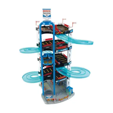 Theo Klein 2813 Bosch Car Service Parkhaus I Mit 5 Ebenen, doppelter Abfahrtrampe, 2 Rennautos, Fahrstuhl und vielem mehr I Maße: 55 cm x 55 cm x 85 cm I Spielzeug für Kinder ab 3 Jahren
