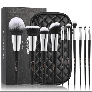 DUcare 10-teiliges Make-up-Pinsel-Set, schwarz kariert, mit Reißverschlussbeutel, Geschenk zum Muttertag