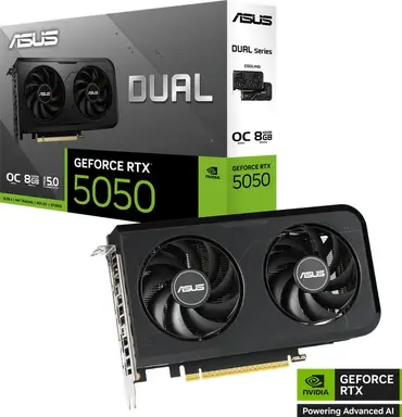 ASUS Dual GeForce RTX 5050 8 GB GDDR6 OC Edition Gaming-Grafikkarte (NVIDIA GeForce RTX 5050 DLSS 4, 2,5-Slot-Design, PCIe 5.0, 3x DisplayPort 2.1b, 1x HDMI 2.1b)