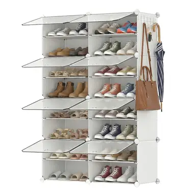 SONGMICSHOME Interlocking Shoe Rack, Plastic Shoe Storage Cabinet, 16-Slot Modular Storage Unit, with Doors, Steel Frame, White