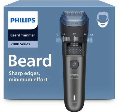Philips baardtrimmer series 7000 - Zelfslijpende metalen messen, 40 vergrendelbare lengtestanden, BeardSense technologie, Haaropvangsysteem, 100% waterdicht, Oplaadstation, Reisetui, Model BT7665/1