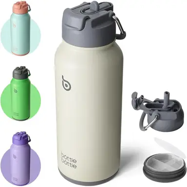 Bottle Bottle Gourde en acier inoxydable gris avec bouchon 2-en-1 à paille et compartiment à pilules - 950 ml